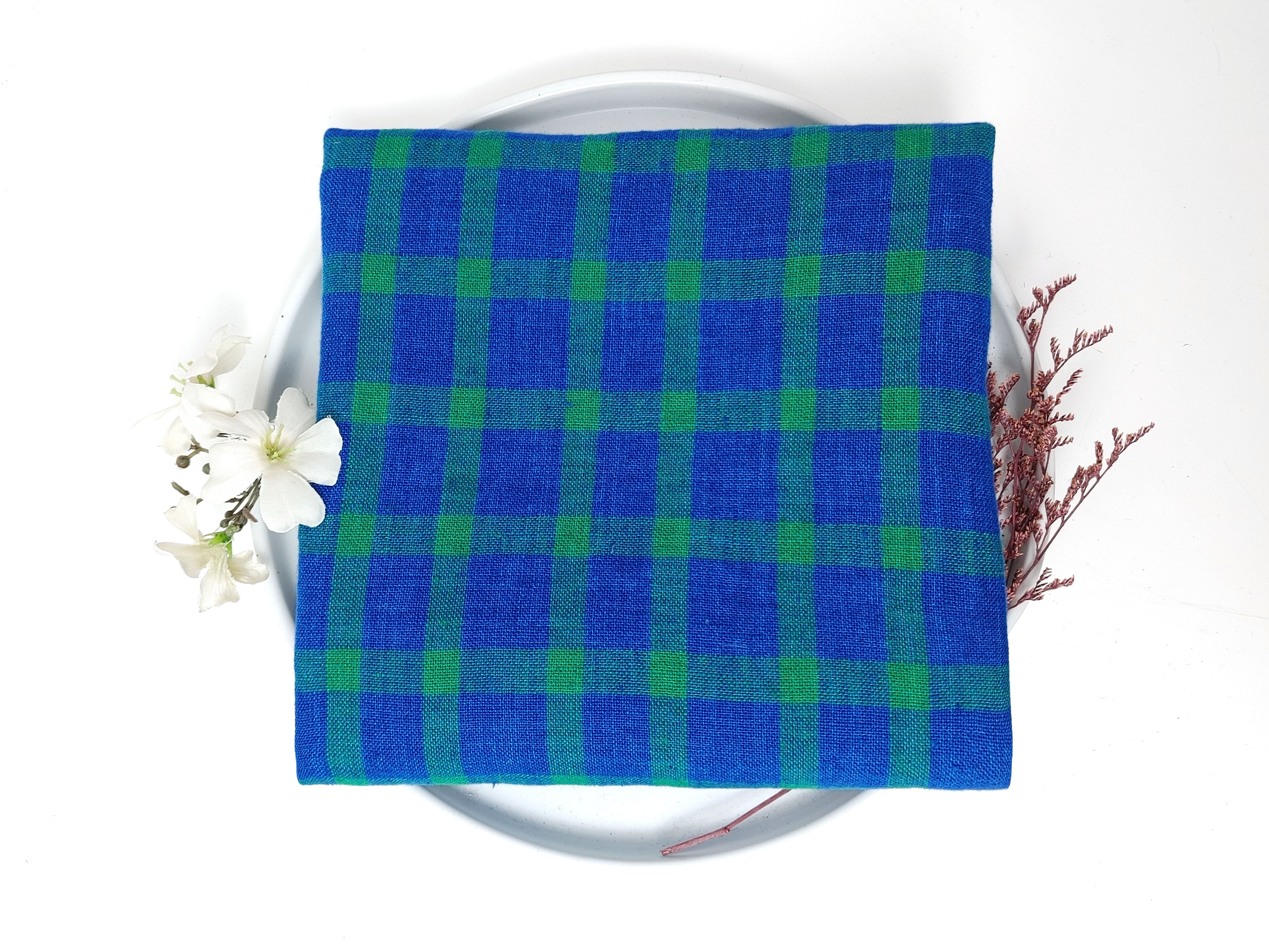 100% Linen Blue-Green Gingham Check Fabric – Vintage Delave Dyed