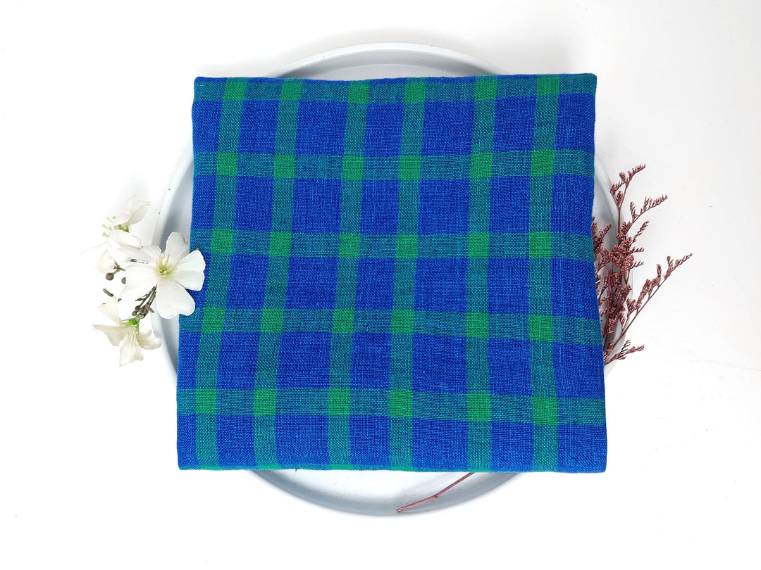 100% Linen Blue-Green Gingham Check Fabric – Vintage Delave Dyed 7567