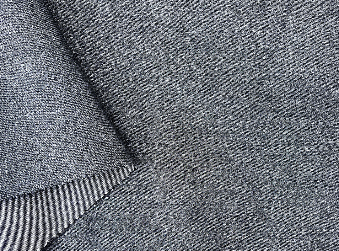 Ramie Cotton Fabric – Navy Denim Style with Silver Foil Print, Medium Weight 2052