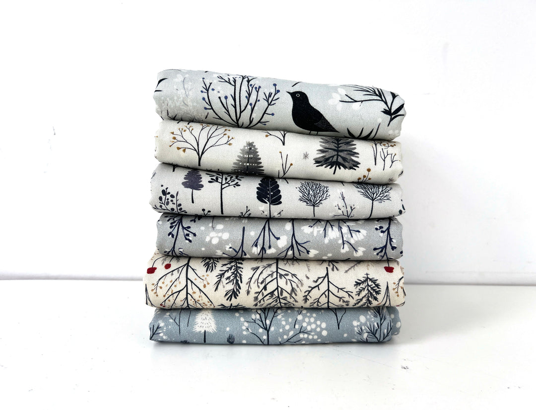 Scandinavian Winter Forest Print Rayon Wool Fabric – Light Twill Weave, Soft Pre-Washed