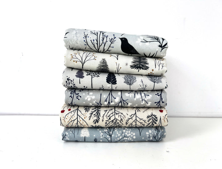 Scandinavian Winter Forest Print Rayon Wool Fabric – Light Twill Weave, Soft Pre-Washed