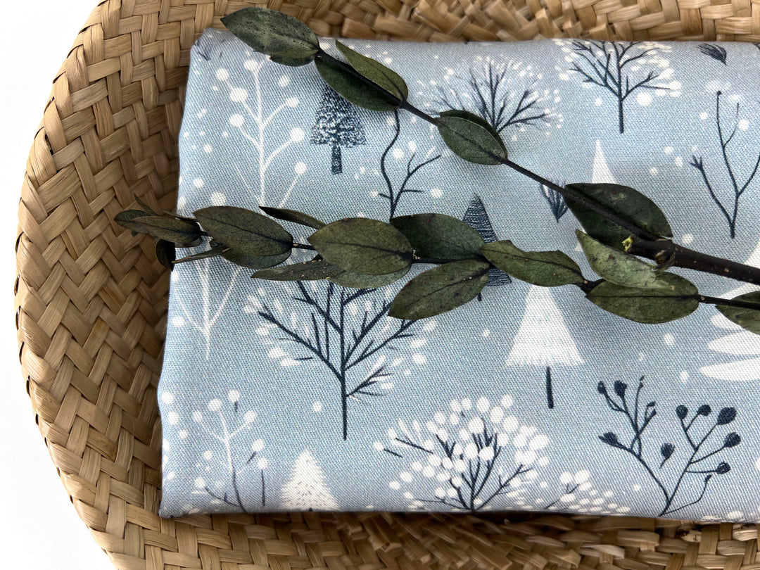 Scandinavian Winter Forest Print Rayon Wool Fabric – Light Twill Weave, Soft Pre-Washed
