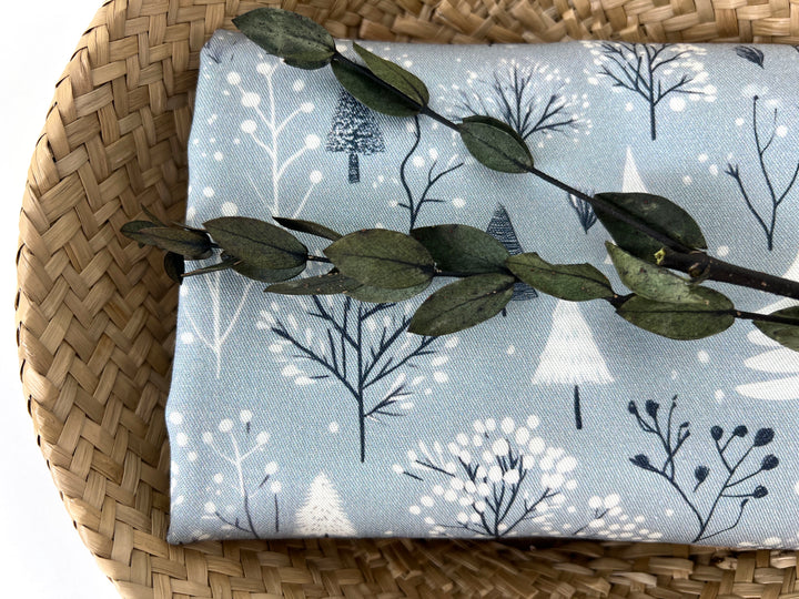 Scandinavian Winter Forest Print Rayon Wool Fabric – Light Twill Weave, Soft Pre-Washed