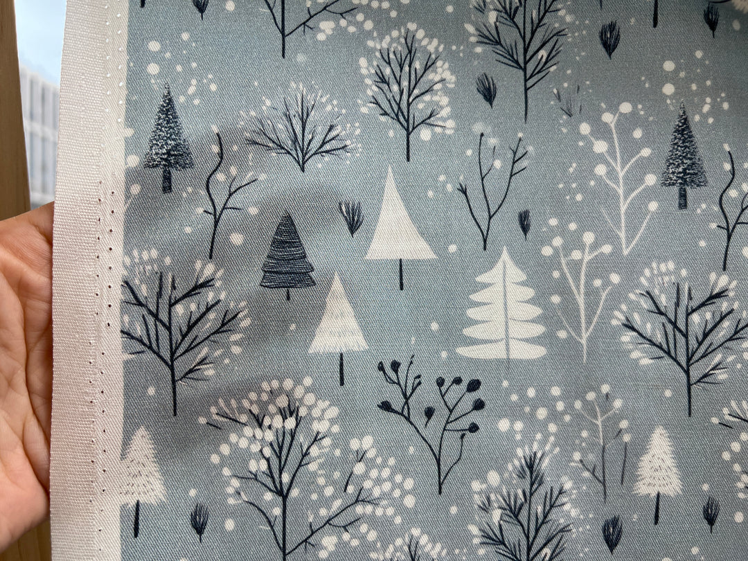Scandinavian Winter Forest Print Rayon Wool Fabric – Light Twill Weave, Soft Pre-Washed