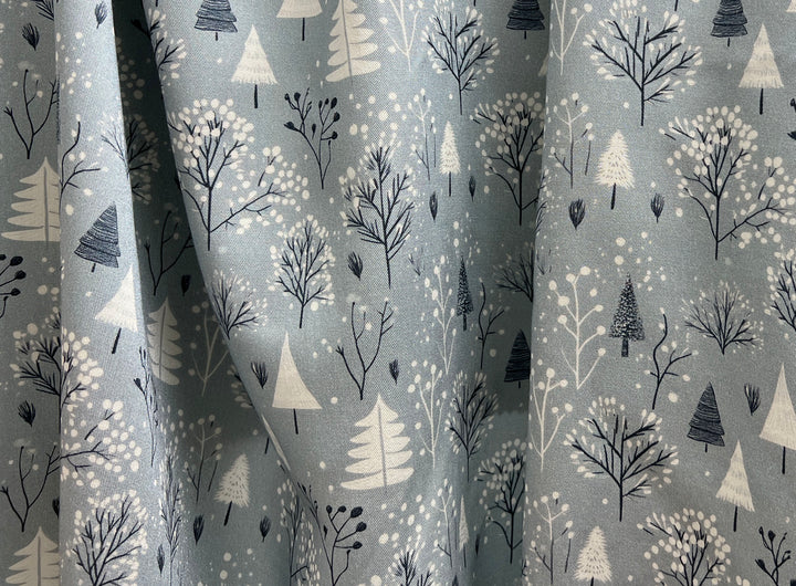 Scandinavian Winter Forest Print Rayon Wool Fabric – Light Twill Weave, Soft Pre-Washed