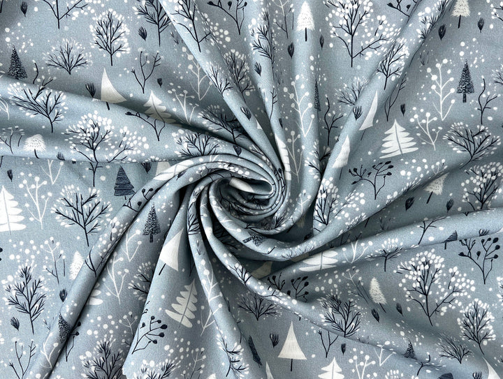 Scandinavian Winter Forest Print Rayon Wool Fabric – Light Twill Weave, Soft Pre-Washed