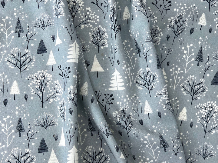Scandinavian Winter Forest Print Rayon Wool Fabric – Light Twill Weave, Soft Pre-Washed