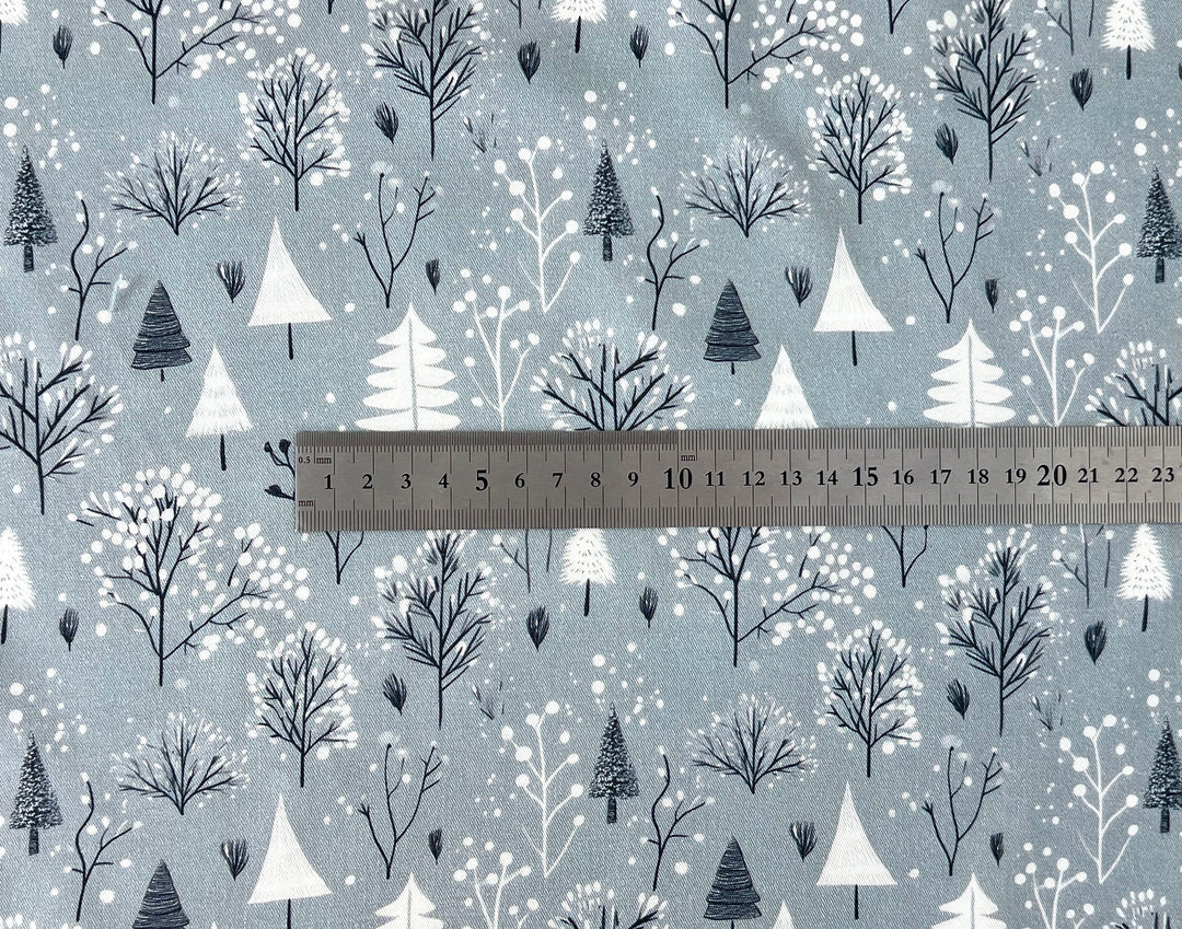 Scandinavian Winter Forest Print Rayon Wool Fabric – Light Twill Weave, Soft Pre-Washed