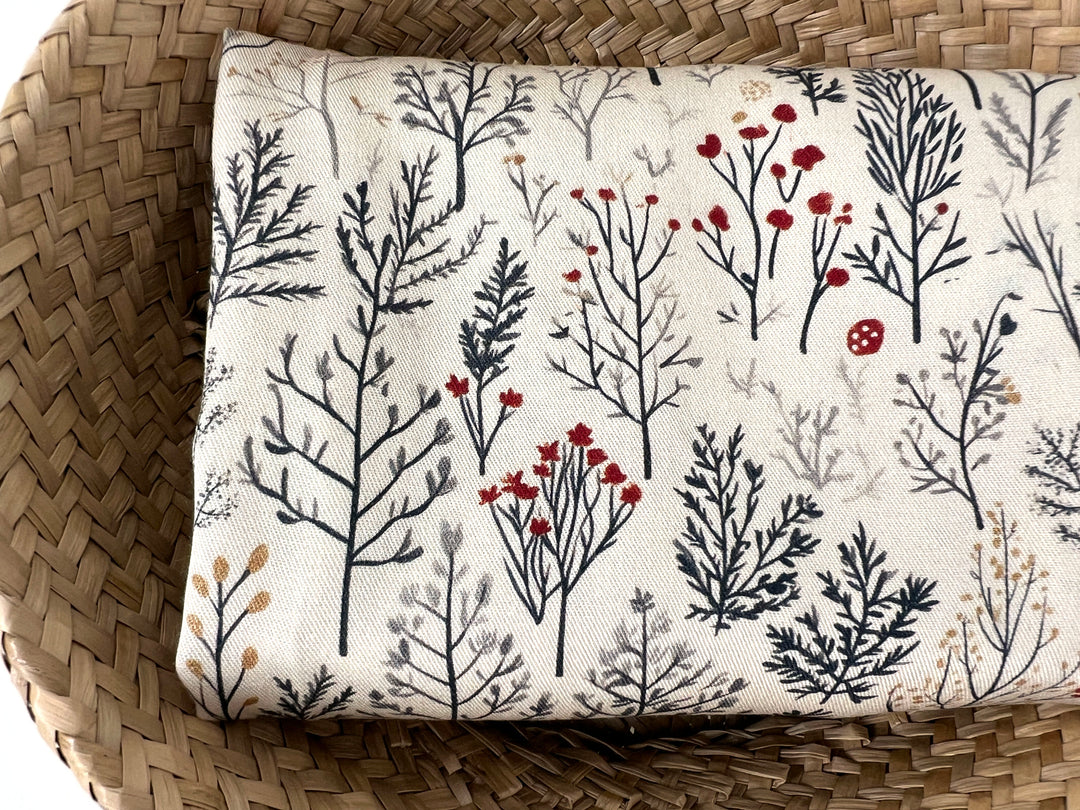 Scandinavian Winter Forest Print Rayon Wool Fabric – Light Twill Weave, Soft Pre-Washed