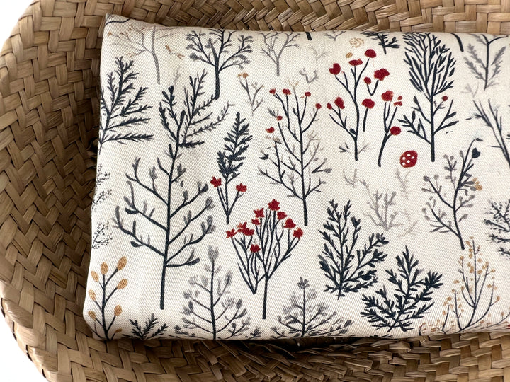 Scandinavian Winter Forest Print Rayon Wool Fabric – Light Twill Weave, Soft Pre-Washed