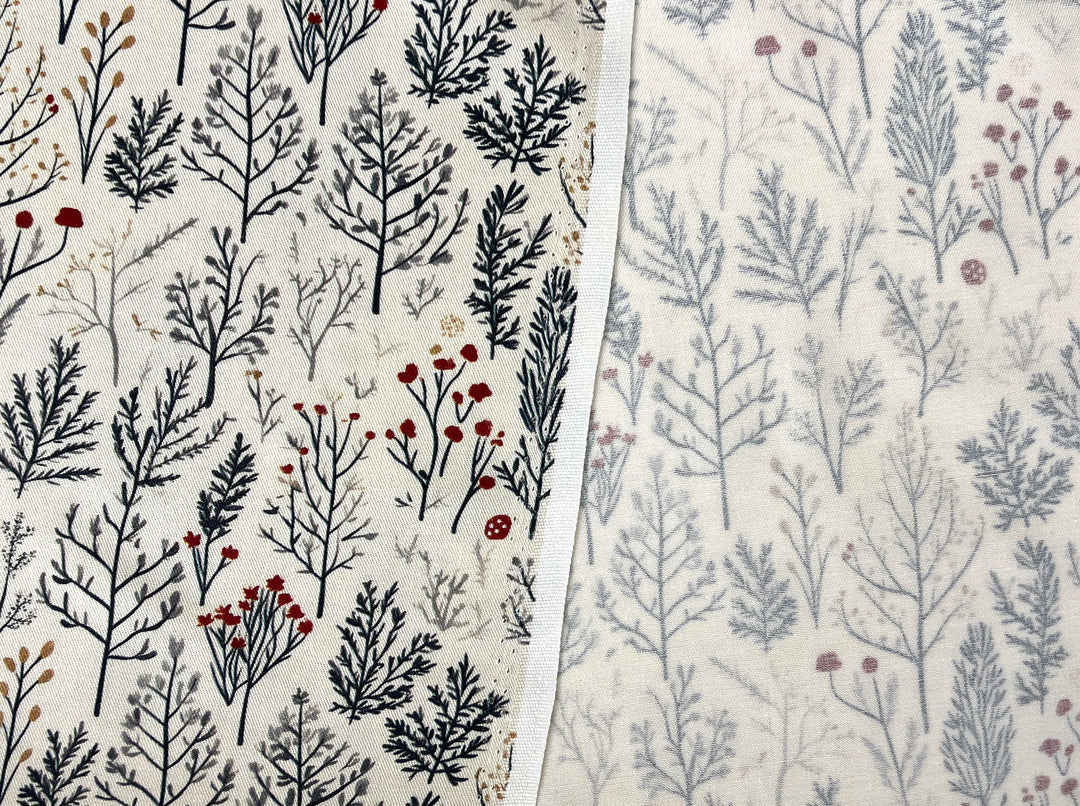 Scandinavian Winter Forest Print Rayon Wool Fabric – Light Twill Weave, Soft Pre-Washed