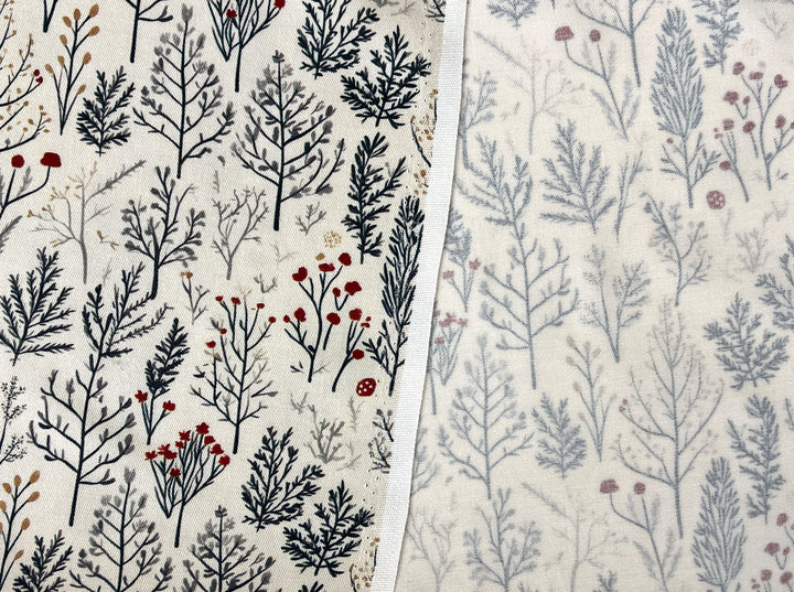 Scandinavian Winter Forest Print Rayon Wool Fabric – Light Twill Weave, Soft Pre-Washed