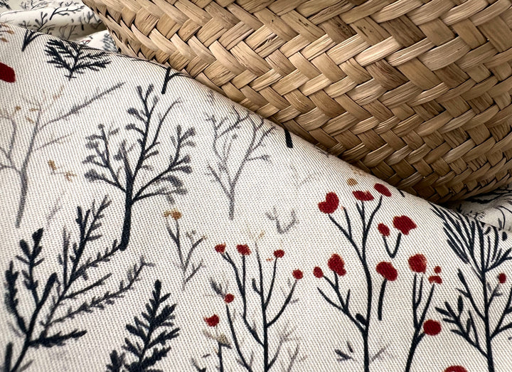 Scandinavian Winter Forest Print Rayon Wool Fabric – Light Twill Weave, Soft Pre-Washed