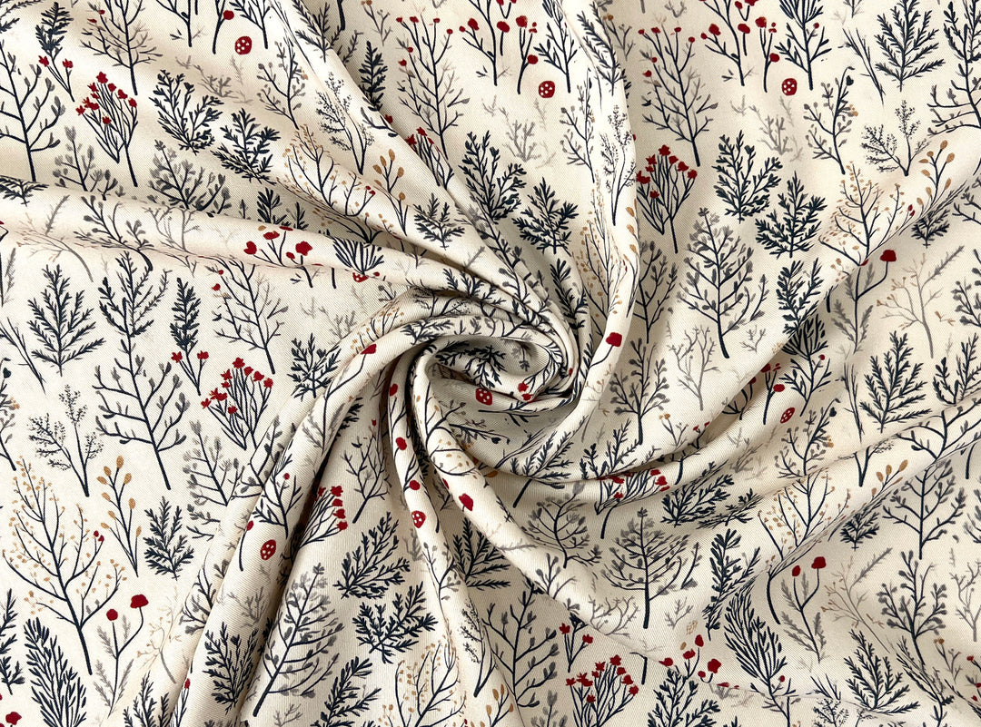 Scandinavian Winter Forest Print Rayon Wool Fabric – Light Twill Weave, Soft Pre-Washed