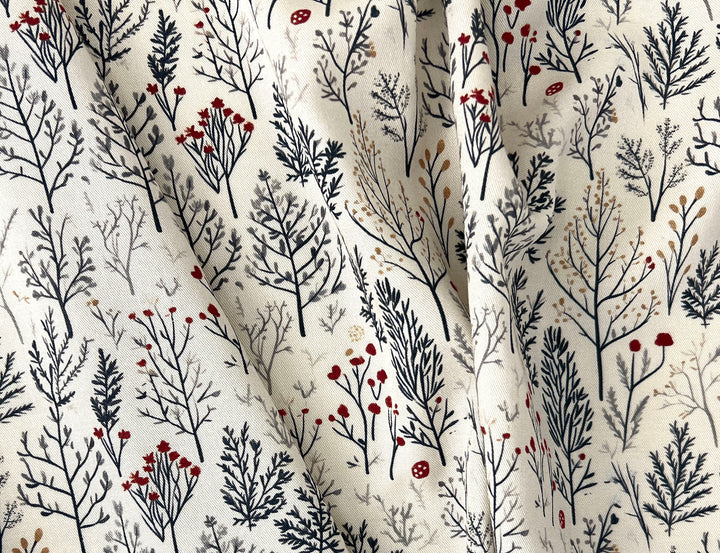 Scandinavian Winter Forest Print Rayon Wool Fabric – Light Twill Weave, Soft Pre-Washed