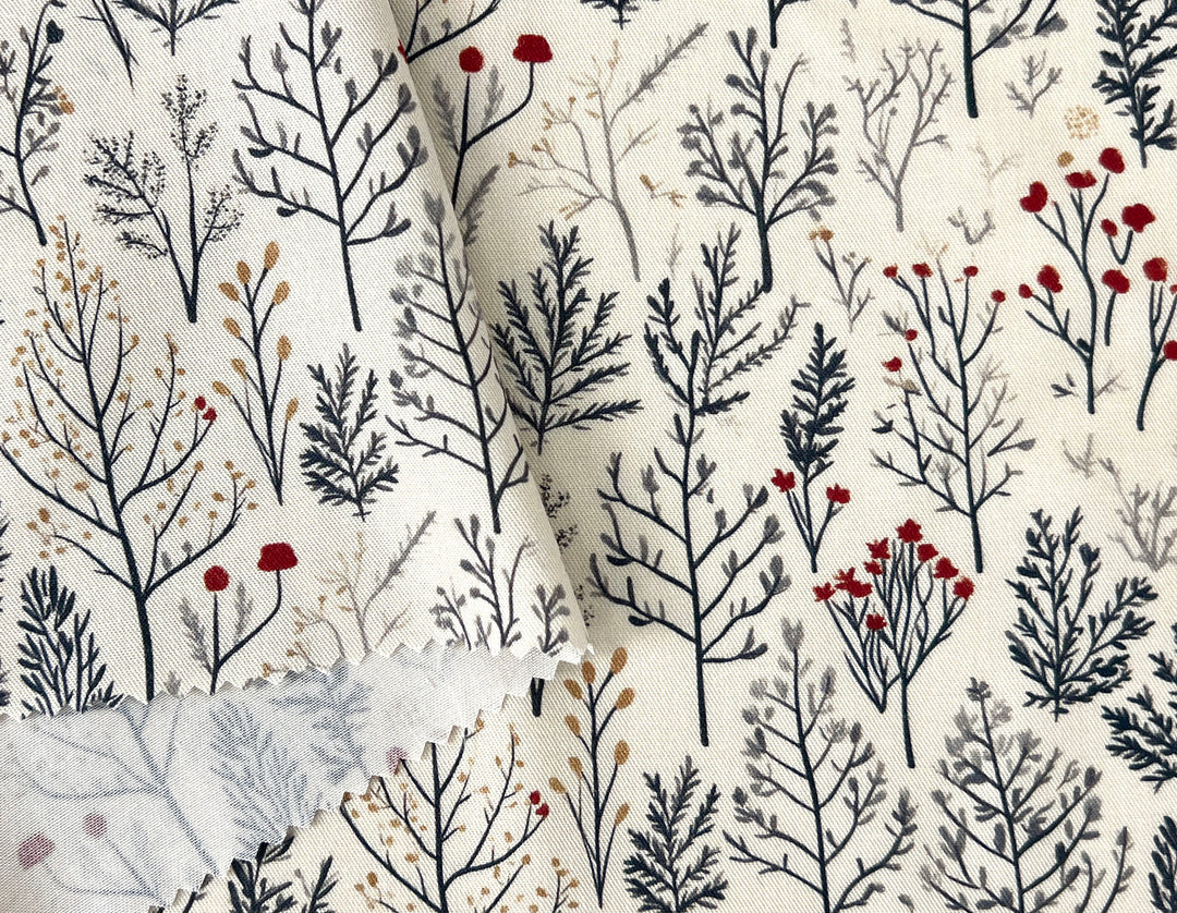 Scandinavian Winter Forest Print Rayon Wool Fabric – Light Twill Weave, Soft Pre-Washed