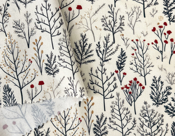 Scandinavian Winter Forest Print Rayon Wool Fabric – Light Twill Weave, Soft Pre-Washed