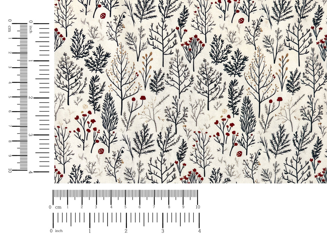 Scandinavian Winter Forest Print Rayon Wool Fabric – Light Twill Weave, Soft Pre-Washed