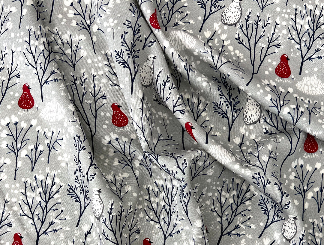 Scandinavian Winter Forest Print Rayon Wool Fabric – Light Twill Weave, Soft Pre-Washed