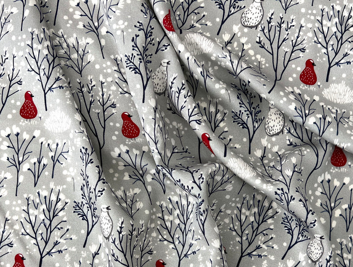 Scandinavian Winter Forest Print Rayon Wool Fabric – Light Twill Weave, Soft Pre-Washed