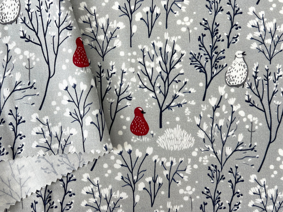 Scandinavian Winter Forest Print Rayon Wool Fabric – Light Twill Weave, Soft Pre-Washed