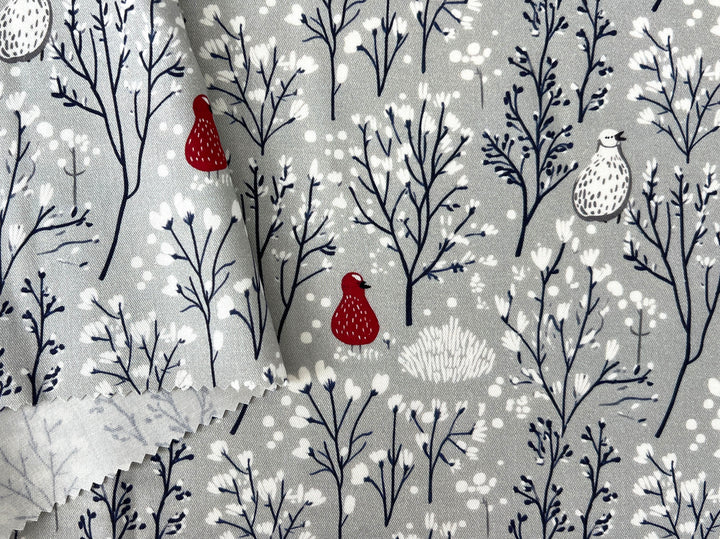 Scandinavian Winter Forest Print Rayon Wool Fabric – Light Twill Weave, Soft Pre-Washed