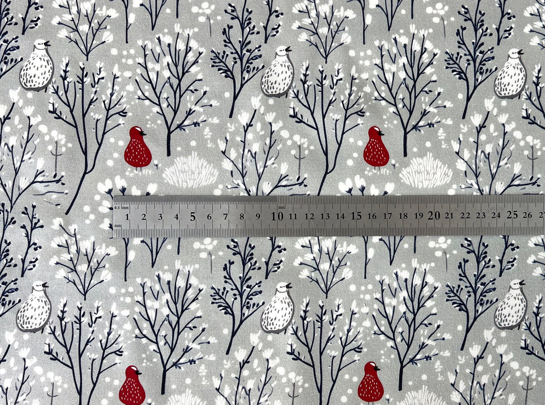 Scandinavian Winter Forest Print Rayon Wool Fabric – Light Twill Weave, Soft Pre-Washed