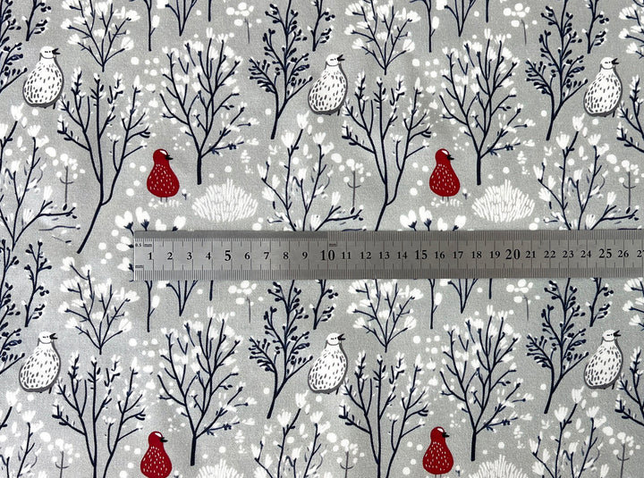 Scandinavian Winter Forest Print Rayon Wool Fabric – Light Twill Weave, Soft Pre-Washed