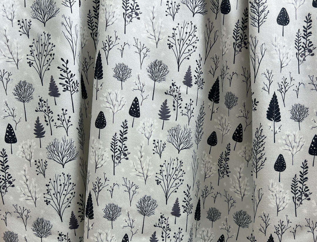 Scandinavian Winter Forest Print Rayon Wool Fabric – Light Twill Weave, Soft Pre-Washed