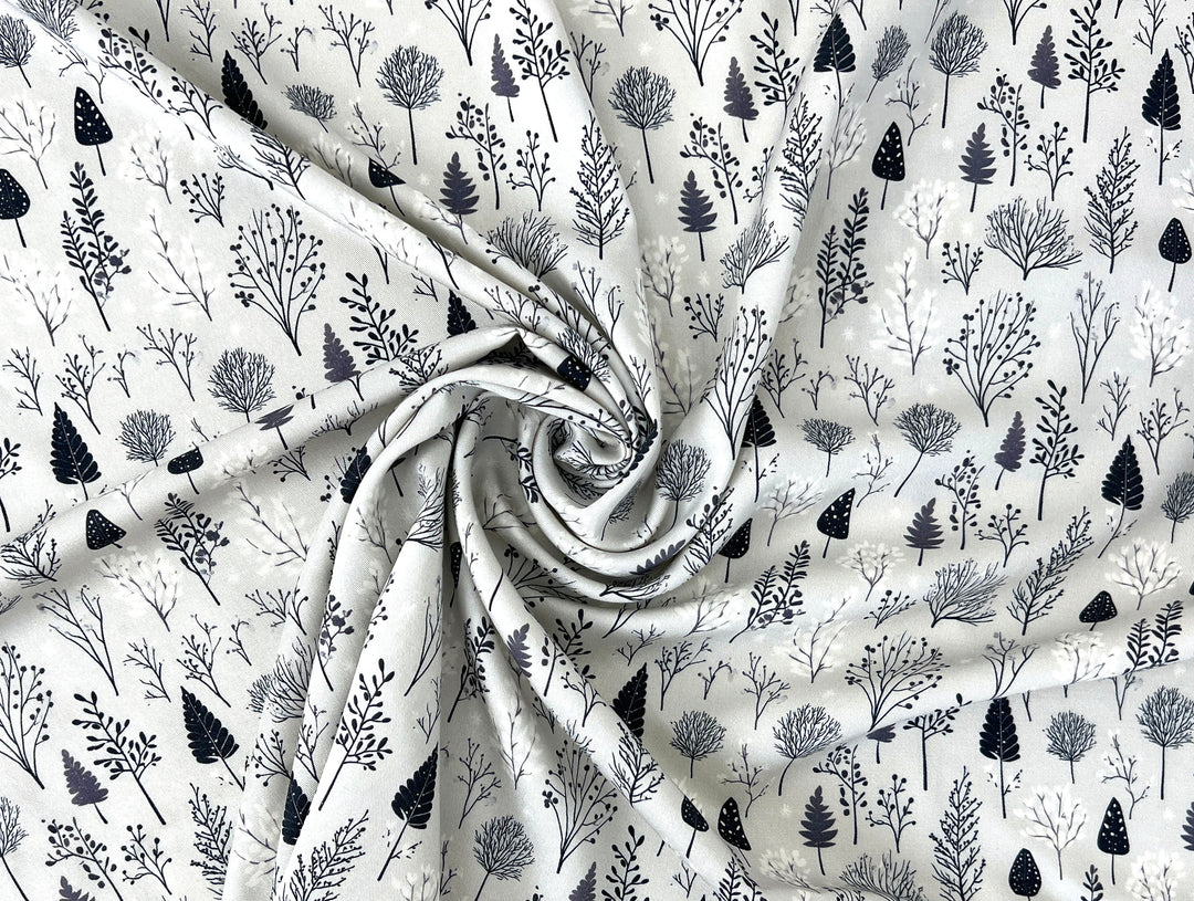 Scandinavian Winter Forest Print Rayon Wool Fabric – Light Twill Weave, Soft Pre-Washed