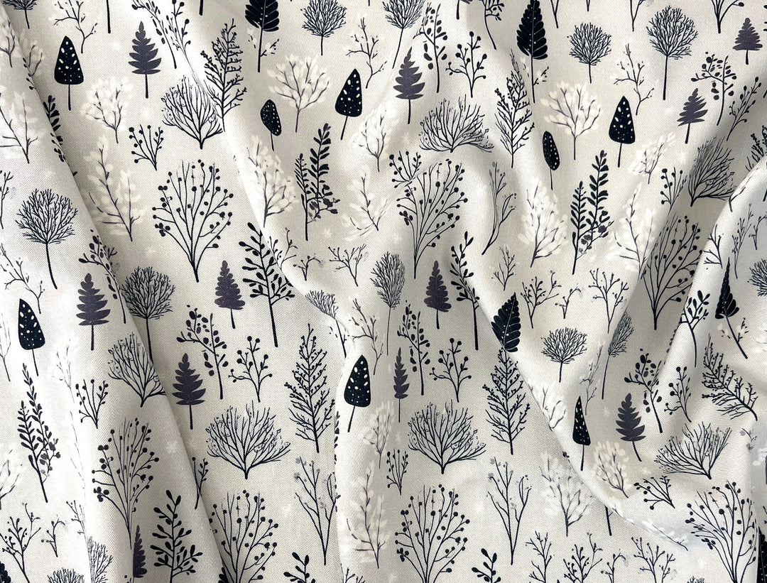 Scandinavian Winter Forest Print Rayon Wool Fabric – Light Twill Weave, Soft Pre-Washed