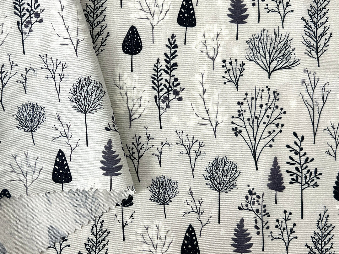 Scandinavian Winter Forest Print Rayon Wool Fabric – Light Twill Weave, Soft Pre-Washed