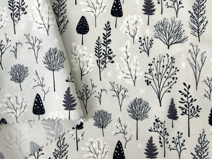 Scandinavian Winter Forest Print Rayon Wool Fabric – Light Twill Weave, Soft Pre-Washed
