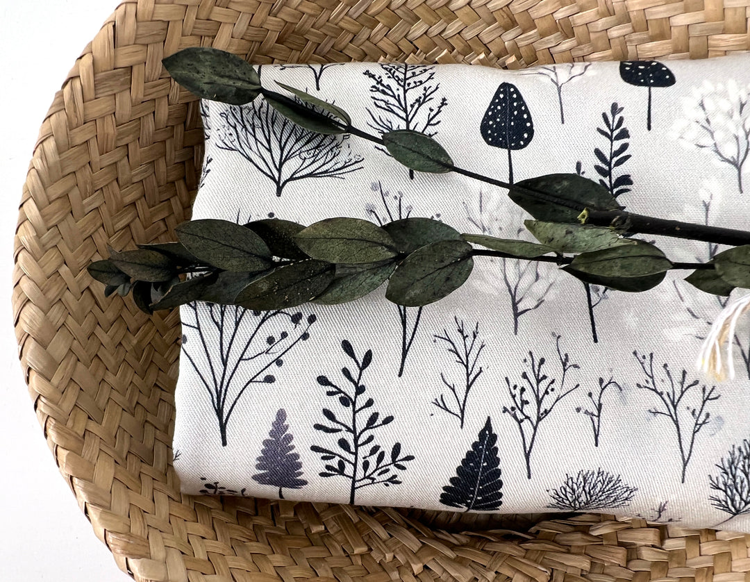 Scandinavian Winter Forest Print Rayon Wool Fabric – Light Twill Weave, Soft Pre-Washed