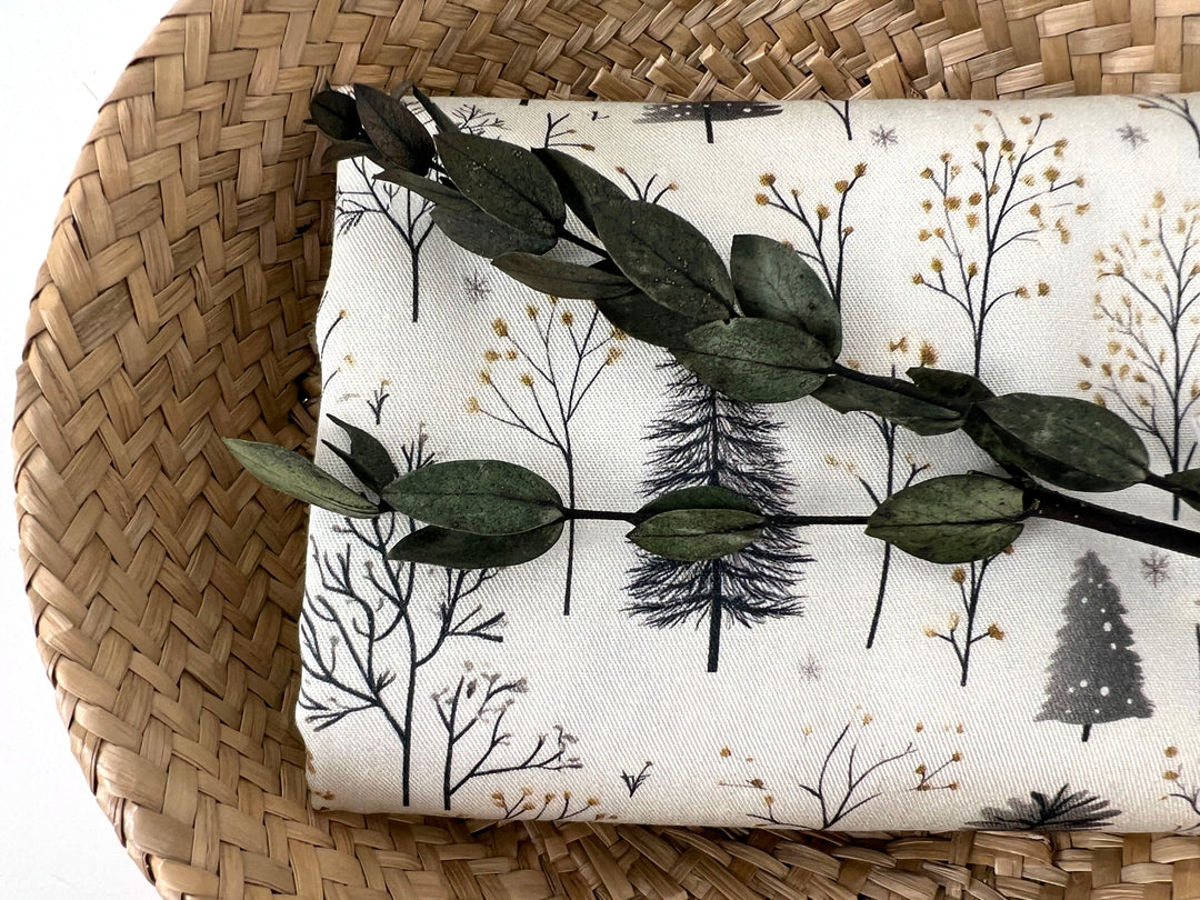 Scandinavian Winter Forest Print Rayon Wool Fabric – Light Twill Weave, Soft Pre-Washed