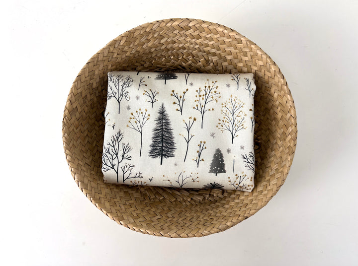 Scandinavian Winter Forest Print Rayon Wool Fabric – Light Twill Weave, Soft Pre-Washed