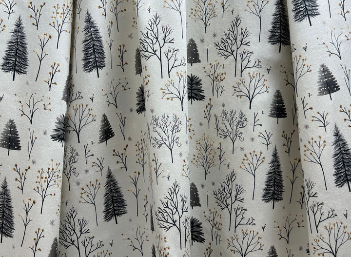 Scandinavian Winter Forest Print Rayon Wool Fabric – Light Twill Weave, Soft Pre-Washed