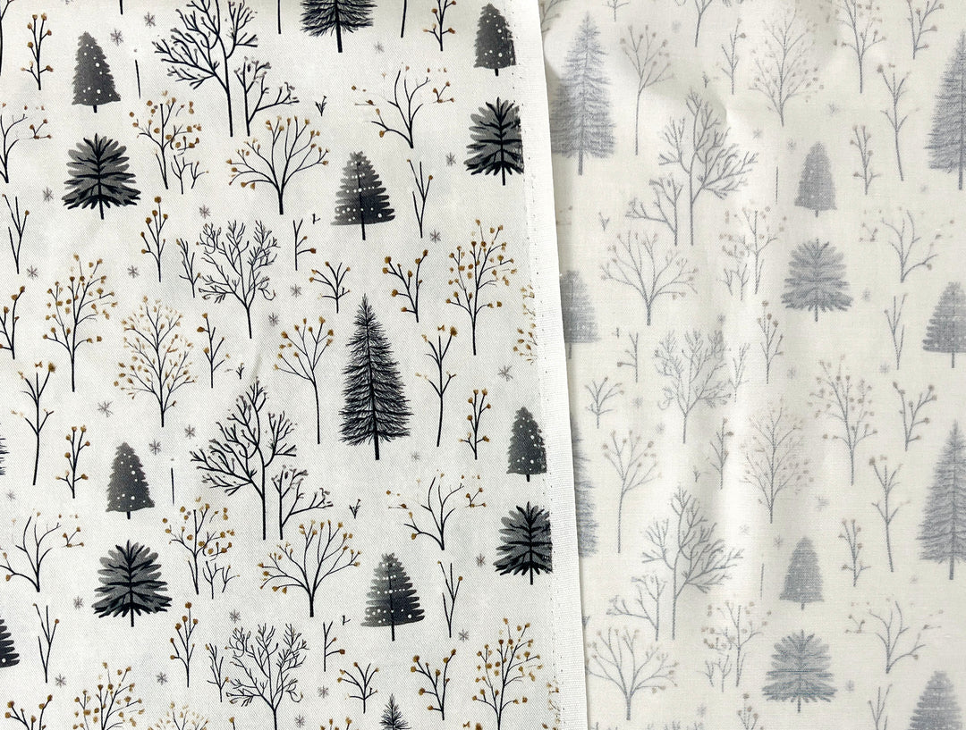 Scandinavian Winter Forest Print Rayon Wool Fabric – Light Twill Weave, Soft Pre-Washed