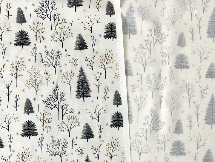 Scandinavian Winter Forest Print Rayon Wool Fabric – Light Twill Weave, Soft Pre-Washed