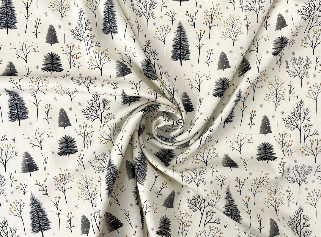 Scandinavian Winter Forest Print Rayon Wool Fabric – Light Twill Weave, Soft Pre-Washed