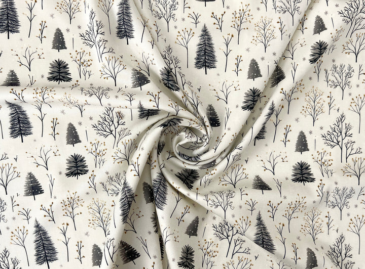 Scandinavian Winter Forest Print Rayon Wool Fabric – Light Twill Weave, Soft Pre-Washed