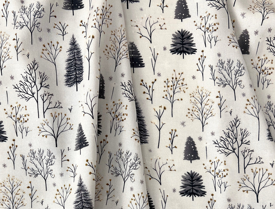 Scandinavian Winter Forest Print Rayon Wool Fabric – Light Twill Weave, Soft Pre-Washed