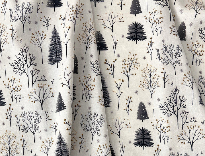 Scandinavian Winter Forest Print Rayon Wool Fabric – Light Twill Weave, Soft Pre-Washed
