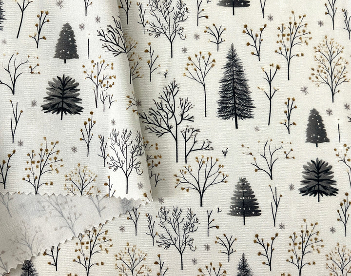 Scandinavian Winter Forest Print Rayon Wool Fabric – Light Twill Weave, Soft Pre-Washed