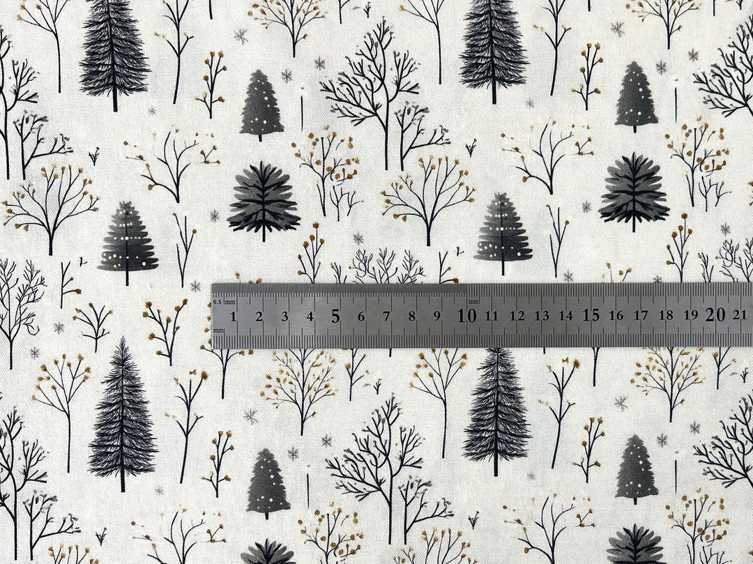 Scandinavian Winter Forest Print Rayon Wool Fabric – Light Twill Weave, Soft Pre-Washed
