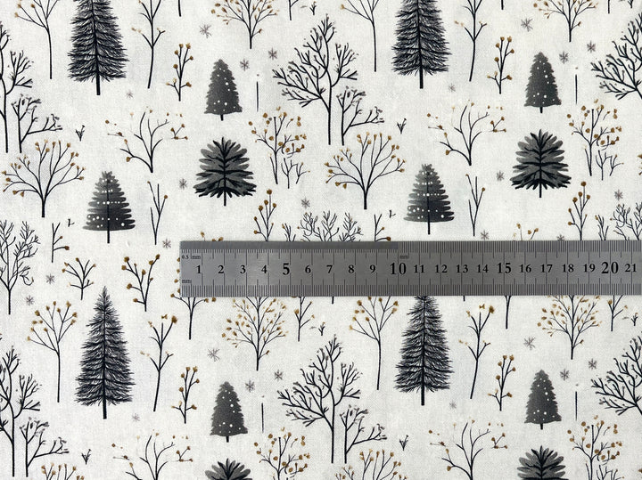 Scandinavian Winter Forest Print Rayon Wool Fabric – Light Twill Weave, Soft Pre-Washed
