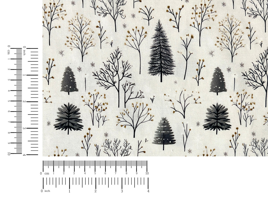 Scandinavian Winter Forest Print Rayon Wool Fabric – Light Twill Weave, Soft Pre-Washed