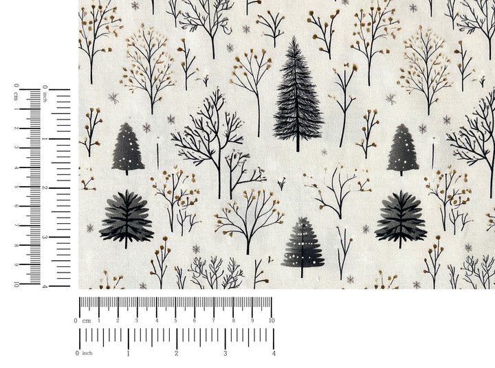 Scandinavian Winter Forest Print Rayon Wool Fabric – Light Twill Weave, Soft Pre-Washed
