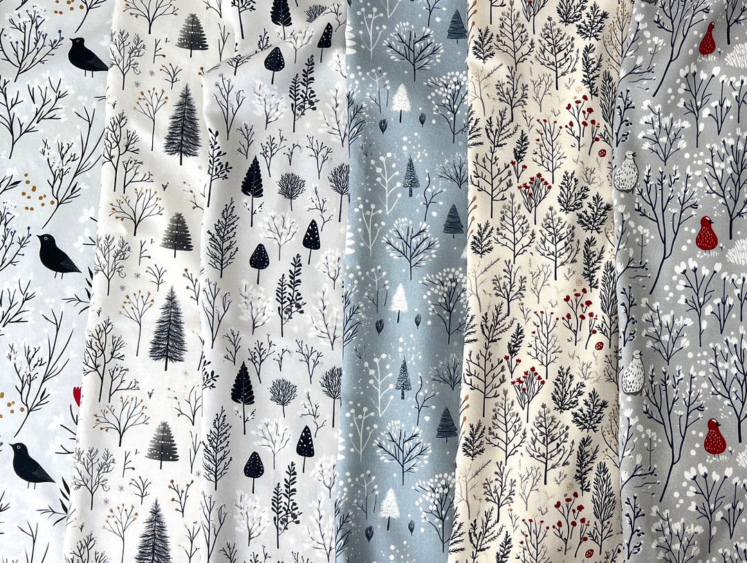 Scandinavian Winter Forest Print Rayon Wool Fabric – Light Twill Weave, Soft Pre-Washed