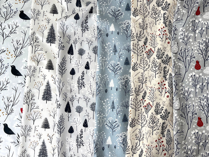 Scandinavian Winter Forest Print Rayon Wool Fabric – Light Twill Weave, Soft Pre-Washed
